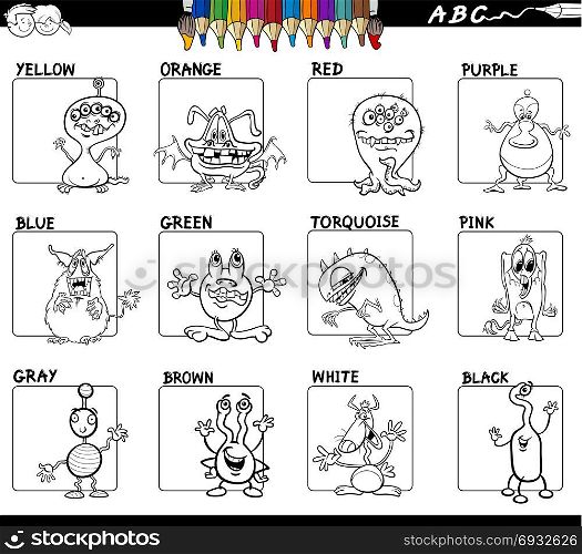 Black and White Cartoon Illustration of Basic Colors Educational Workbook Set for Children with Monsters Comic Characters