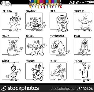 Black and White Cartoon Illustration of Basic Colors Educational Workbook Set for Children with Monsters Comic Characters