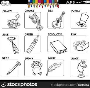Black and White Cartoon Illustration of Basic Colors Educational Workbook Set for Children with Objects