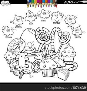 Black and White Cartoon Illustration of Basic Colors Educational Worksheet with Candies and Sweet Food Objects Group Coloring Book Page