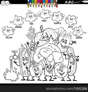 Black and White Cartoon Illustration of Basic Colors Educational Worksheet with Fresh Vegetables Characters Group Coloring Book Page