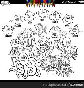 Black and White Cartoon Illustration of Basic Colors Educational Worksheet with Funny Sea Life Animals Characters Group Coloring Book Page