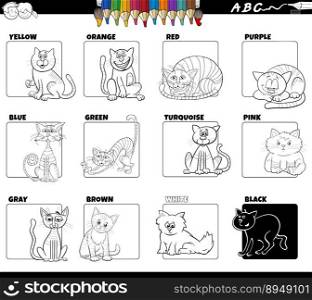Black and white cartoon illustration of basic colors with comic cats characters educational set coloring page