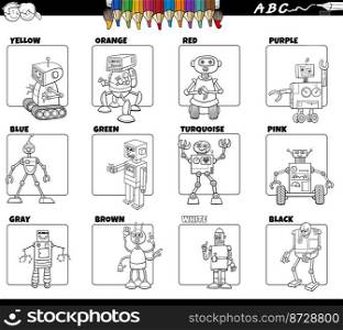 Black and white cartoon illustration of basic colors with comic robots characters educational set coloring page