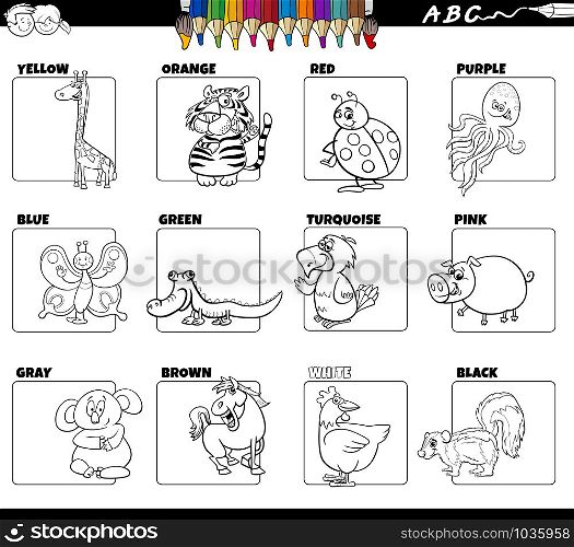 Black and White Cartoon Illustration of Basic Colors with Funny Animal Characters Educational Set for Children Color Book