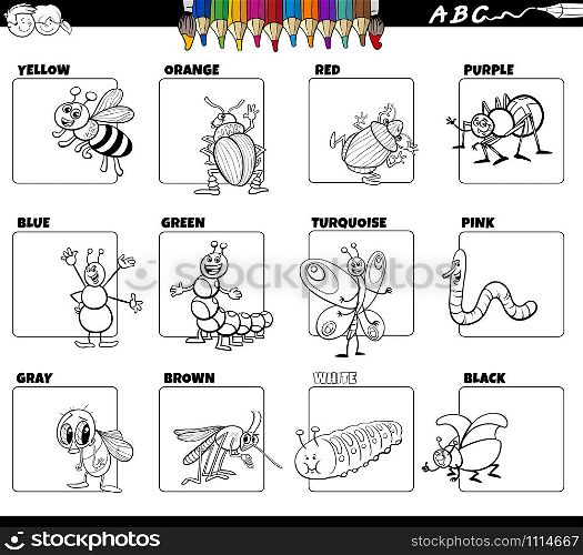 Black and White Cartoon Illustration of Basic Colors with Funny Insects Animal Characters Educational Set for Children Color Book