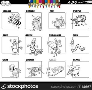 Black and White Cartoon Illustration of Basic Colors with Funny Insects Animal Characters Educational Set for Children Color Book