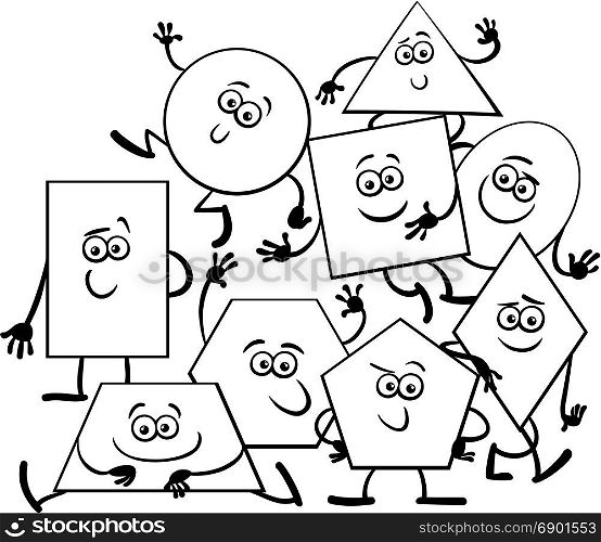 Black and White Cartoon Illustration of Basic Geometric Shapes Funny Characters Coloring Book