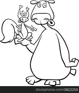 Black and White Cartoon Illustration of Bear and Squirrel Wild Animals for Coloring Book