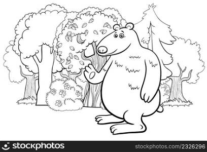 Black and white cartoon illustration of bear animal character and the forest coloring book page