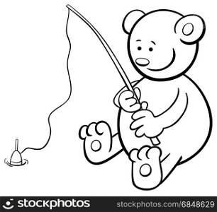 Black and White Cartoon Illustration of Bear Animal Character on Fishing Coloring Page