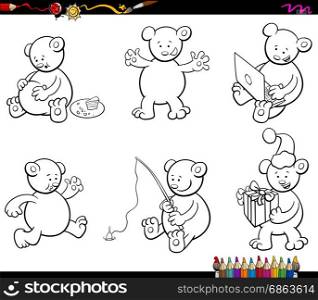 Black and White Cartoon Illustration of Bear Animal Characters Humorous Set Coloring Page
