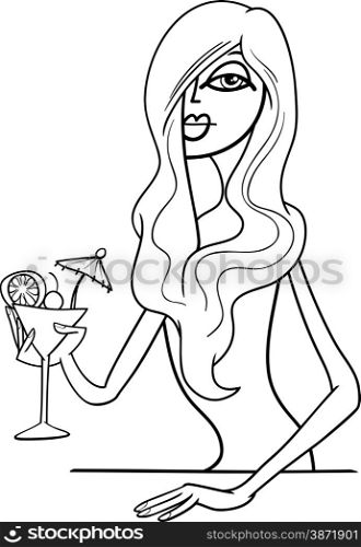 Black and White Cartoon Illustration of Beautiful Sexy Woman in Red Dress with Drink in the Bar