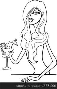 Black and White Cartoon Illustration of Beautiful Sexy Woman in Red Dress with Drink in the Bar