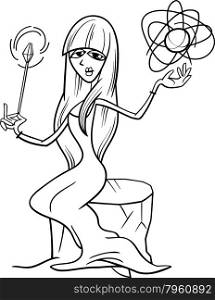 Black and White Cartoon Illustration of Beautiful Witch or Fairy Fantasy Character Casting a Spell for Coloring Book