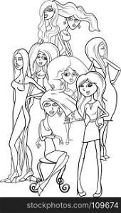 Black and White Cartoon Illustration of Beautiful Young Women Characters Group