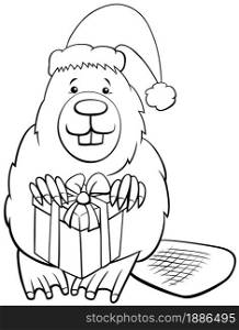 Black and white cartoon illustration of beaver animal character with present on Christmas time coloring book page