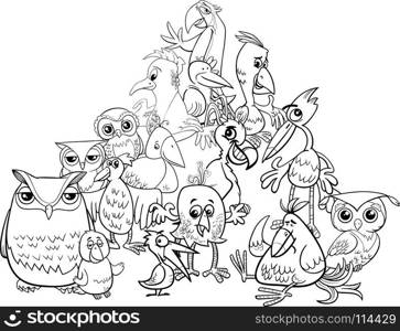 Black and White Cartoon Illustration of Birds Animal Characters Group Coloring Book