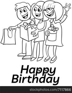 Black and White Cartoon Illustration of Birthday Anniversary Greeting Card Design with Happy Children