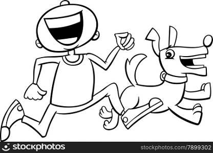Black and White Cartoon Illustration of Boy Running with Puppy Pet for Coloring Book