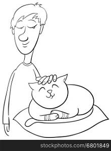 Black and White Cartoon Illustration of Boy Stroking his Pet Cat Coloring Page