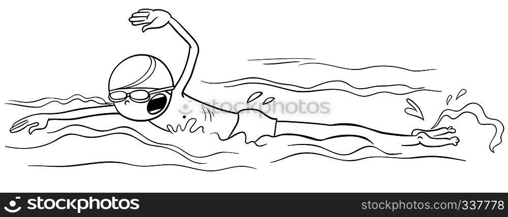 Black and White Cartoon Illustration of Boy Swimming in the Water Crawl Stroke Technique Coloring Book