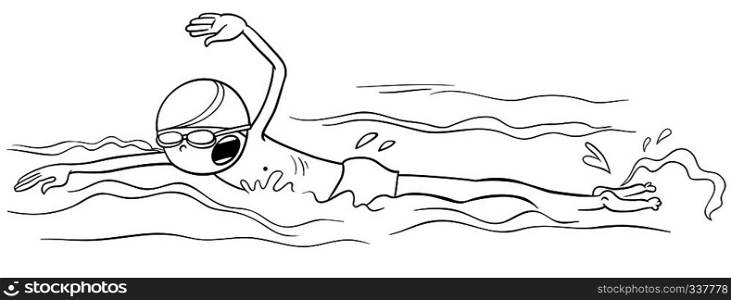 Black and White Cartoon Illustration of Boy Swimming in the Water Crawl Stroke Technique Coloring Book