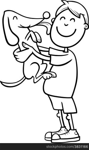 Black and White Cartoon Illustration of Boy with Dog or Puppy for Coloring Book