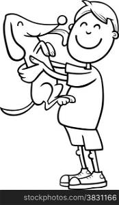 Black and White Cartoon Illustration of Boy with Dog or Puppy for Coloring Book
