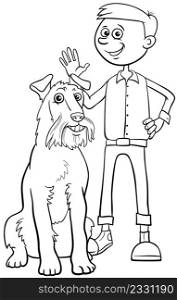 Black and white cartoon illustration of boy with his pet dog coloring book page