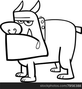 Black and White Cartoon Illustration of Bull Dog in Collar for Coloring Book