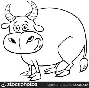 Black and white cartoon illustration of bull farm animal character coloring book page