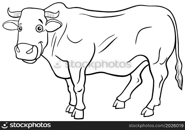 Black and white cartoon illustration of bull farm animal comic character coloring book page