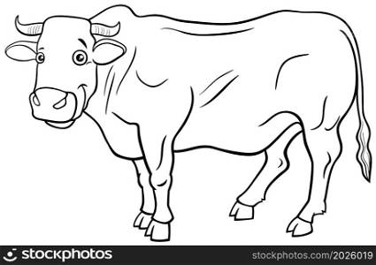 Black and white cartoon illustration of bull farm animal comic character coloring book page