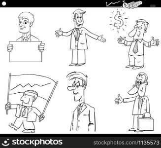 Black and White Cartoon Illustration of Business Concepts and Funny Businessman Characters Set