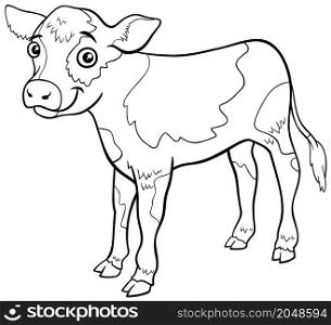 Black and white cartoon illustration of calf farm animal comic character coloring book page