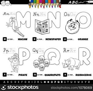 Black and White Cartoon Illustration of Capital Letters Alphabet Educational Set for Reading and Writing Practise for Elementary Age Children from M to R Coloring Book Page