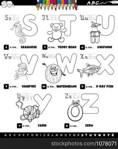 Black and White Cartoon Illustration of Capital Letters Alphabet Educational Set for Reading and Writing Practise for Elementary Age Children from S to Z Coloring Book Page