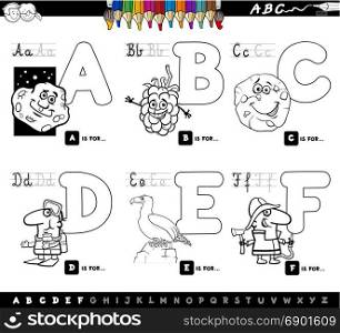 Black and White Cartoon Illustration of Capital Letters Alphabet Educational Set for Reading and Writing Learning for Children from A to F Coloring Book