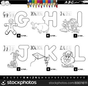 Black and White Cartoon Illustration of Capital Letters Alphabet Educational Set for Reading and Writing Learning for Children from G to L Coloring Book