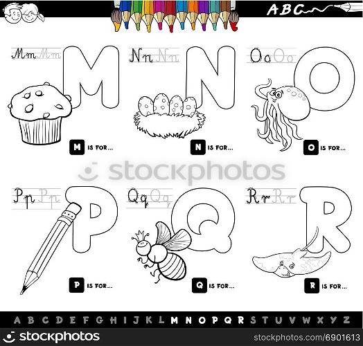 Black and White Cartoon Illustration of Capital Letters Alphabet Educational Set for Reading and Writing Learning for Children from M to R Coloring Book