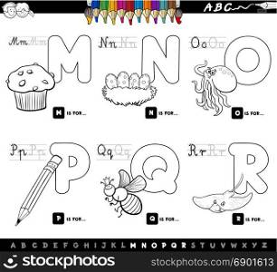 Black and White Cartoon Illustration of Capital Letters Alphabet Educational Set for Reading and Writing Learning for Children from M to R Coloring Book