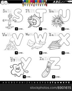Black and White Cartoon Illustration of Capital Letters Alphabet Educational Set for Reading and Writing Learning for Children from S to Z Coloring Book