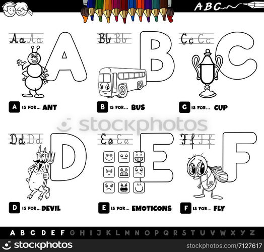 Black and White Cartoon Illustration of Capital Letters Alphabet Educational Set for Reading and Writing Practise for Children from A to F Color Book