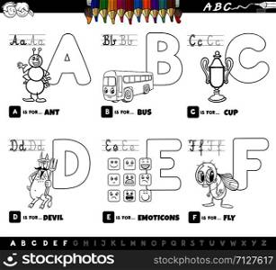 Black and White Cartoon Illustration of Capital Letters Alphabet Educational Set for Reading and Writing Practise for Children from A to F Color Book