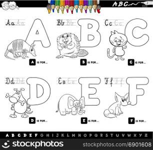 Black and White Cartoon Illustration of Capital Letters Alphabet Set with Animal Characters for Reading and Writing Education for Children from A to F Coloring Book