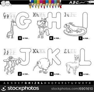 Black and White Cartoon Illustration of Capital Letters Alphabet Set with Animal Characters for Reading and Writing Education for Children from G to L Coloring Book