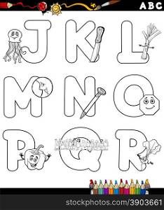 Black and White Cartoon Illustration of Capital Letters Alphabet with Objects for Children Education from J to R for Coloring Book