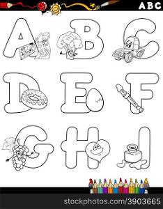 Black and White Cartoon Illustration of Capital Letters Alphabet with Objects for Children Education from A to I for Coloring Book