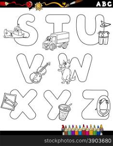 Black and White Cartoon Illustration of Capital Letters Alphabet with Objects for Children Education from S to Z for Coloring Book